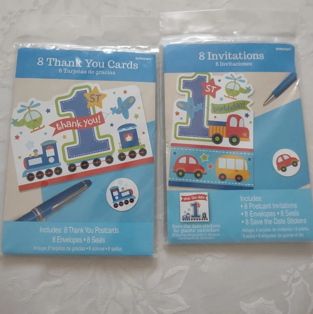 1st Birthday 8 invitations stickers  + 8 Thank You cards train airplanes cars